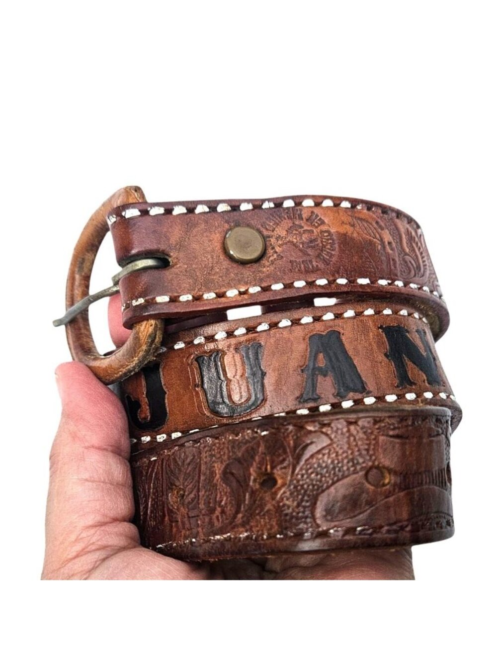 Vintage Mexican Hand Tooled Leather Belt JUAN Hecho en Mexico Western S/30 - Picture 13 of 16